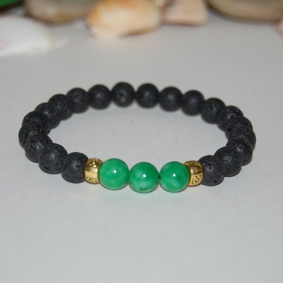 Lava Bracelet,Lava and Jade Bracelet,Black and Green Bracelet,Lava Stone Beads - Picture 2 of 3